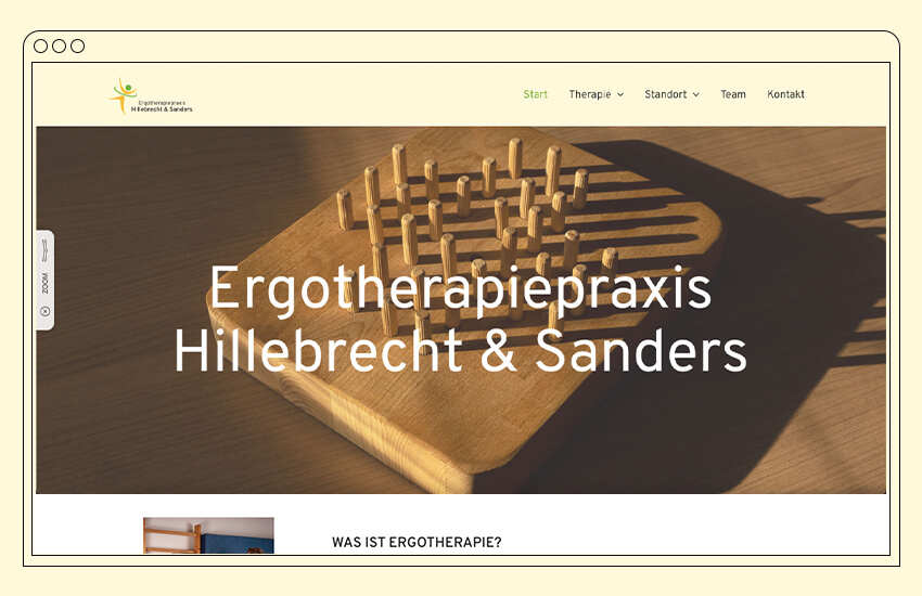 Grafik von einem Laptop Bildschirm, auf dem die Website von der Ergotherapiepraxis Hillebrecht & Sanders zu sehen ist.