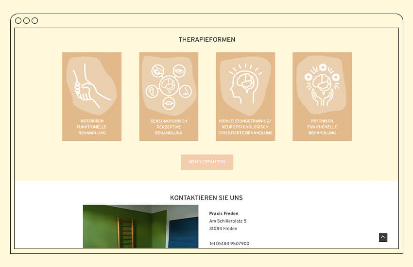 Grafik von einem Laptop Bildschirm, auf dem die Website von der Ergotherapiepraxis Hillebrecht & Sanders zu sehen ist.