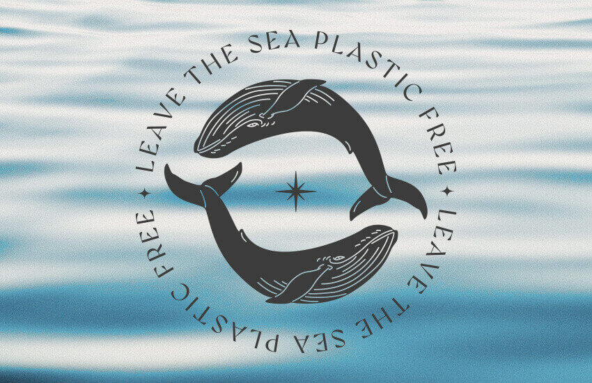 Grafik von zwei Walen die im Kreis schwimmen. Darum steht Leave the Sea Plastic free.